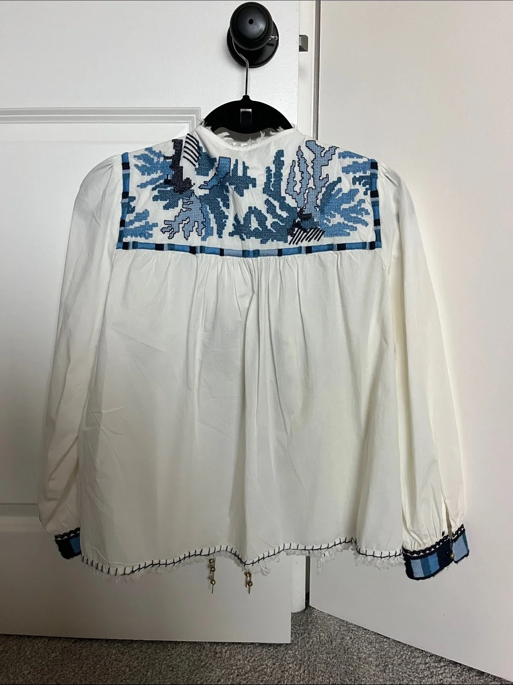 Zara White Blouse with Blue Embroidered Yoke